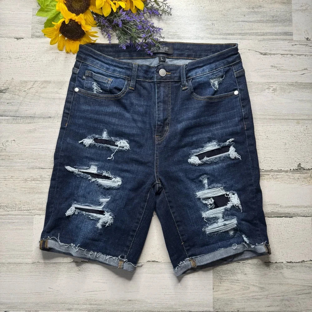 Judy Blue Patch Destroyed Dark Denim Bermuda Jean Shorts - Picture 4 of 5